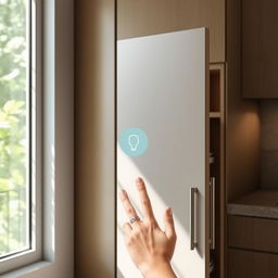 A kitchen cabinet door featuring an innovative touch sensor that can recognize hand size, designed not to be opened by a child's hand