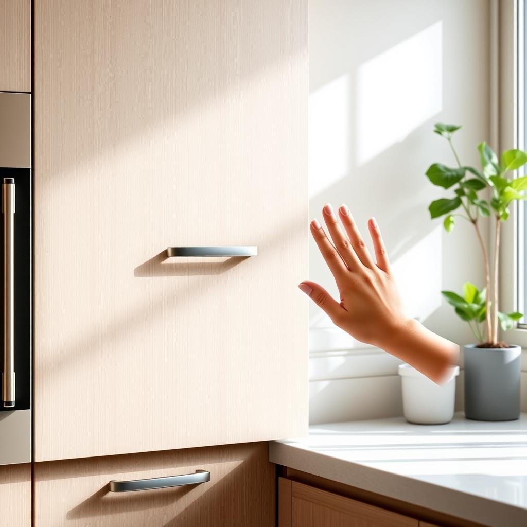 A kitchen cabinet door featuring an innovative touch sensor that can recognize hand size, designed not to be opened by a child's hand