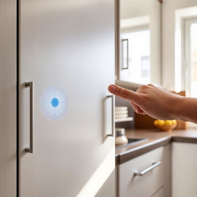 A kitchen cabinet door featuring an innovative touch sensor that can recognize hand size, designed not to be opened by a child's hand