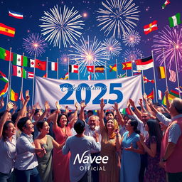 A vibrant and festive scene depicting representatives from all nations joining hands in a joyful celebration for the year 2025