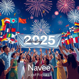 A vibrant and festive scene depicting representatives from all nations joining hands in a joyful celebration for the year 2025