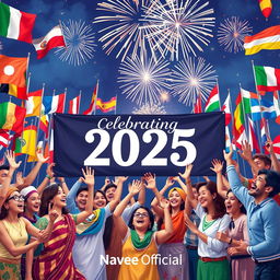 A vibrant and festive scene depicting representatives from all nations joining hands in a joyful celebration for the year 2025