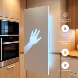 A kitchen cabinet door designed with a hand size detection mechanism, ensuring it can't be opened by small hands, featuring a sleek and modern design, made with high-quality materials, and integrated technology for security