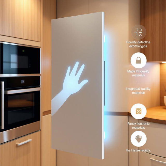 A kitchen cabinet door designed with a hand size detection mechanism, ensuring it can't be opened by small hands, featuring a sleek and modern design, made with high-quality materials, and integrated technology for security