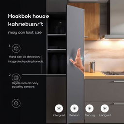 A kitchen cabinet door designed with a hand size detection mechanism, ensuring it can't be opened by small hands, featuring a sleek and modern design, made with high-quality materials, and integrated technology for security