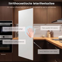 A kitchen cabinet door designed with a hand size detection mechanism, ensuring it can't be opened by small hands, featuring a sleek and modern design, made with high-quality materials, and integrated technology for security