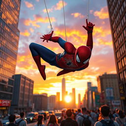 An action-packed scene featuring a superhero in a red and blue costume swinging through a vibrant cityscape at sunset