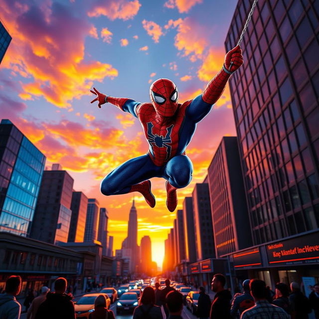 An action-packed scene featuring a superhero in a red and blue costume swinging through a vibrant cityscape at sunset