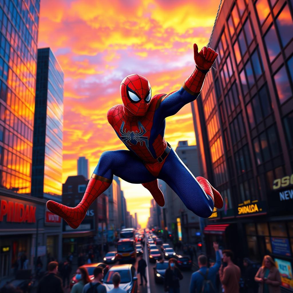 An action-packed scene featuring a superhero in a red and blue costume swinging through a vibrant cityscape at sunset