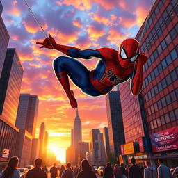 An action-packed scene featuring a superhero in a red and blue costume swinging through a vibrant cityscape at sunset
