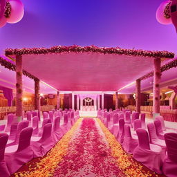 An architecturally stunning, festive marriage hall designed for a land area measuring 45ft in width and 250ft in length, equipped with distinguished seating arrangement, stylish decor, space for a stage, and ample open space for congregation.