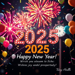 A vibrant and festive image celebrating the New Year 2025, featuring a colorful fireworks display in the night sky, with a prominent 'Happy New Year 2025!' message creatively arranged in the foreground