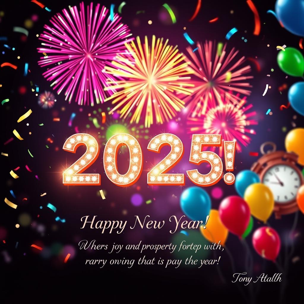 A vibrant and festive image celebrating the New Year 2025, featuring a colorful fireworks display in the night sky, with a prominent 'Happy New Year 2025!' message creatively arranged in the foreground