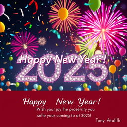 A vibrant and festive image celebrating the New Year 2025, featuring a colorful fireworks display in the night sky, with a prominent 'Happy New Year 2025!' message creatively arranged in the foreground
