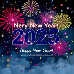 A festive and joyful image for the New Year 2025, featuring a large, bold 'Happy New Year 2025!' text surrounded by colorful fireworks bursting in the night sky