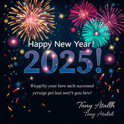 A festive and joyful image for the New Year 2025, featuring a large, bold 'Happy New Year 2025!' text surrounded by colorful fireworks bursting in the night sky