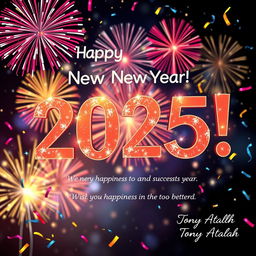 A festive and joyful image for the New Year 2025, featuring a large, bold 'Happy New Year 2025!' text surrounded by colorful fireworks bursting in the night sky