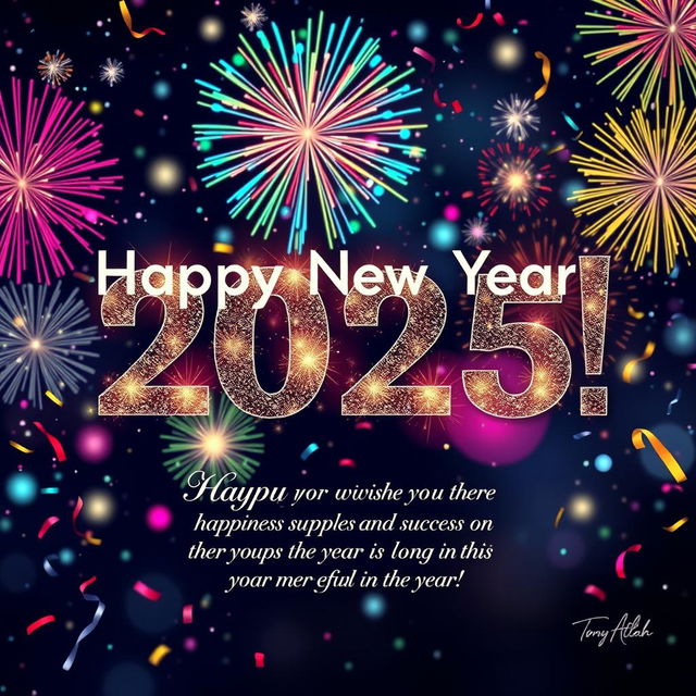 A festive and joyful image for the New Year 2025, featuring a large, bold 'Happy New Year 2025!' text surrounded by colorful fireworks bursting in the night sky