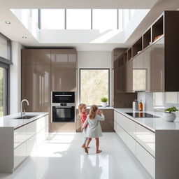 A modern kitchen designed with smart cabinets featuring hand size recognition technology, ensuring that cabinet doors are only operable with adult-sized hands