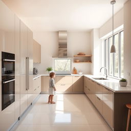 A modern kitchen designed with smart cabinets featuring hand size recognition technology, ensuring that cabinet doors are only operable with adult-sized hands
