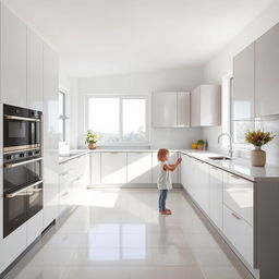 A modern kitchen designed with smart cabinets featuring hand size recognition technology, ensuring that cabinet doors are only operable with adult-sized hands