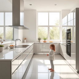 A modern kitchen designed with smart cabinets featuring hand size recognition technology, ensuring that cabinet doors are only operable with adult-sized hands