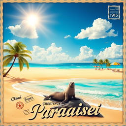 A beautifully designed postal card featuring a scenic beach landscape with soft golden sand, clear turquoise water, and gentle waves lapping at the shore