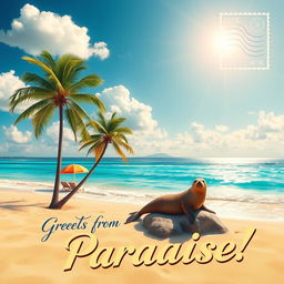 A beautifully designed postal card featuring a scenic beach landscape with soft golden sand, clear turquoise water, and gentle waves lapping at the shore