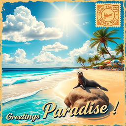 A beautifully designed postal card featuring a scenic beach landscape with soft golden sand, clear turquoise water, and gentle waves lapping at the shore