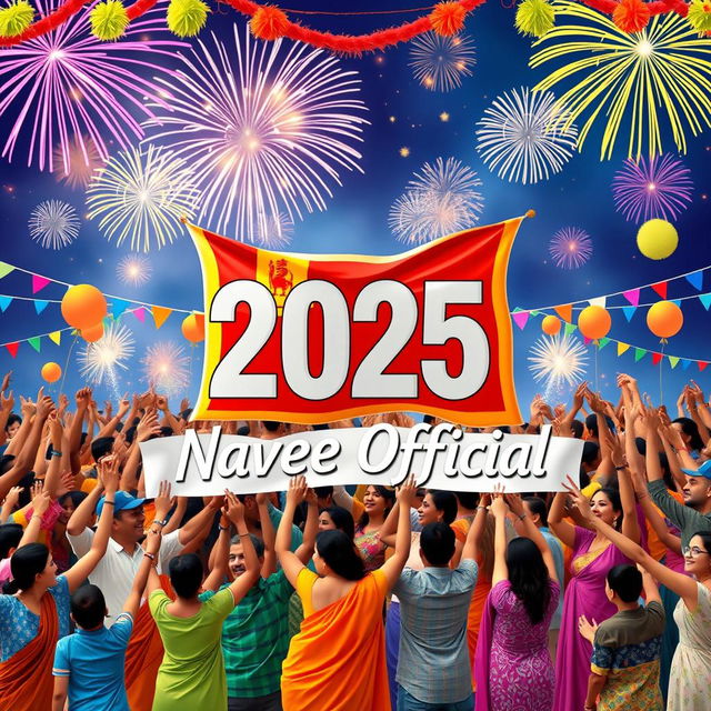 A vibrant and festive scene depicting people from all over the world joining hands in celebration for the year 2025