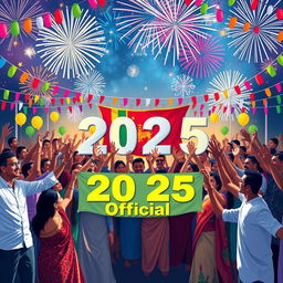 A vibrant and festive scene depicting people from all over the world joining hands in celebration for the year 2025