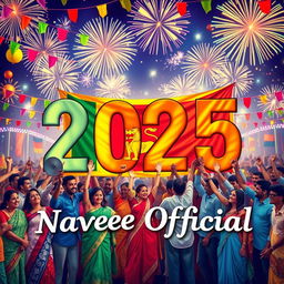 A vibrant and festive scene depicting people from all over the world joining hands in celebration for the year 2025