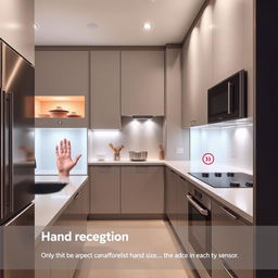 A modern kitchen featuring cabinets with hand recognition technology, designed to only open with appropriate hand size and preventing access by children