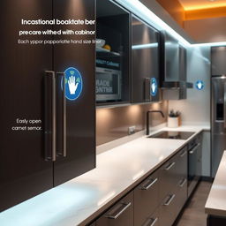 A modern kitchen featuring cabinets with hand recognition technology, designed to only open with appropriate hand size and preventing access by children
