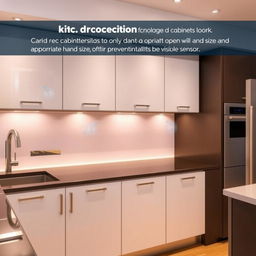 A modern kitchen featuring cabinets with hand recognition technology, designed to only open with appropriate hand size and preventing access by children