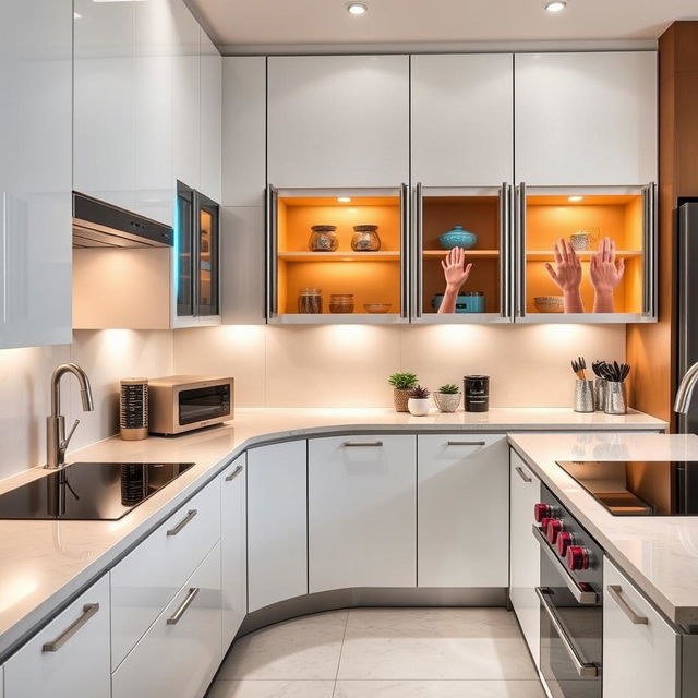 A modern kitchen featuring cabinets with hand recognition technology, designed to only open with appropriate hand size and preventing access by children