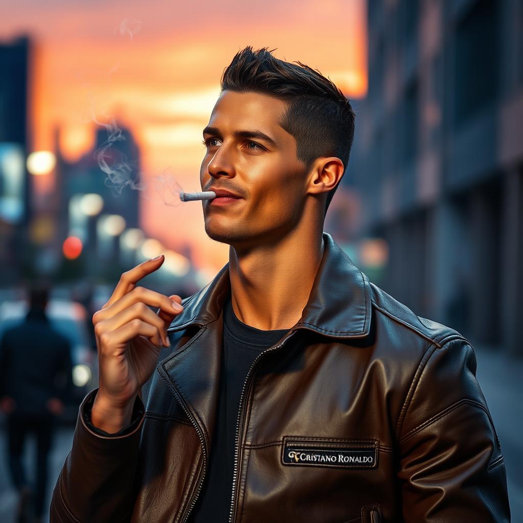 A dynamic portrait of Cristiano Ronaldo in a stylish, urban setting, casually smoking a cigarette