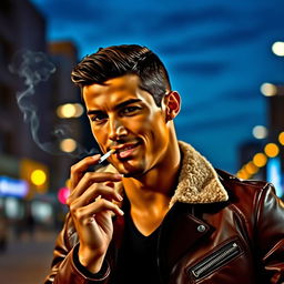 A dynamic portrait of Cristiano Ronaldo in a stylish, urban setting, casually smoking a cigarette