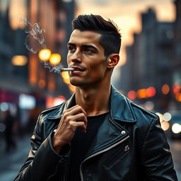 A dynamic portrait of Cristiano Ronaldo in a stylish, urban setting, casually smoking a cigarette