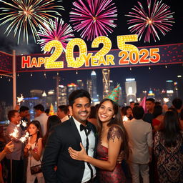 A joyful celebration of the New Year 2025, featuring a festive scene with fireworks lighting up the night sky, people wearing colorful party hats and holding sparklers, a large banner that says 'Happy New Year 2025' in vibrant colors, and a lively atmosphere filled with laughter and excitement