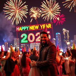 A joyful celebration of the New Year 2025, featuring a festive scene with fireworks lighting up the night sky, people wearing colorful party hats and holding sparklers, a large banner that says 'Happy New Year 2025' in vibrant colors, and a lively atmosphere filled with laughter and excitement