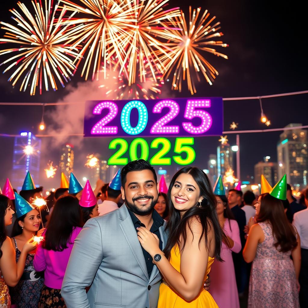 A joyful celebration of the New Year 2025, featuring a festive scene with fireworks lighting up the night sky, people wearing colorful party hats and holding sparklers, a large banner that says 'Happy New Year 2025' in vibrant colors, and a lively atmosphere filled with laughter and excitement