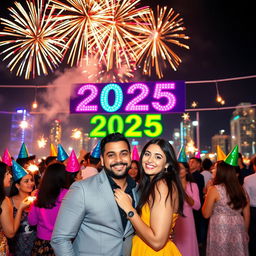 A joyful celebration of the New Year 2025, featuring a festive scene with fireworks lighting up the night sky, people wearing colorful party hats and holding sparklers, a large banner that says 'Happy New Year 2025' in vibrant colors, and a lively atmosphere filled with laughter and excitement