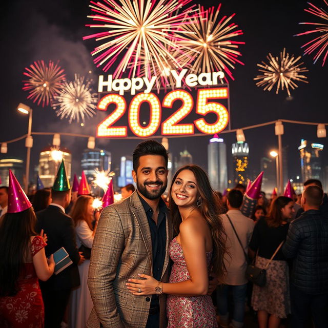 A joyful celebration of the New Year 2025, featuring a festive scene with fireworks lighting up the night sky, people wearing colorful party hats and holding sparklers, a large banner that says 'Happy New Year 2025' in vibrant colors, and a lively atmosphere filled with laughter and excitement