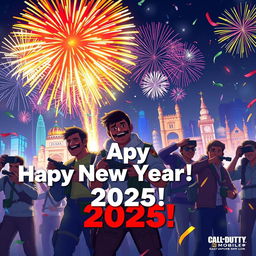 A festive digital illustration depicting a vibrant and energetic scene celebrating the New Year for the Call of Duty Mobile community in Sri Lanka