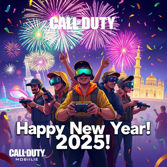 A festive digital illustration depicting a vibrant and energetic scene celebrating the New Year for the Call of Duty Mobile community in Sri Lanka