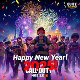 A festive digital illustration depicting a vibrant and energetic scene celebrating the New Year for the Call of Duty Mobile community in Sri Lanka