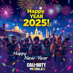 A festive digital illustration depicting a vibrant and energetic scene celebrating the New Year for the Call of Duty Mobile community in Sri Lanka