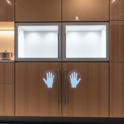 A modern kitchen cabinet featuring a sophisticated hand detection system that can recognize the size of a hand, ensuring that it cannot be opened by a child's hand
