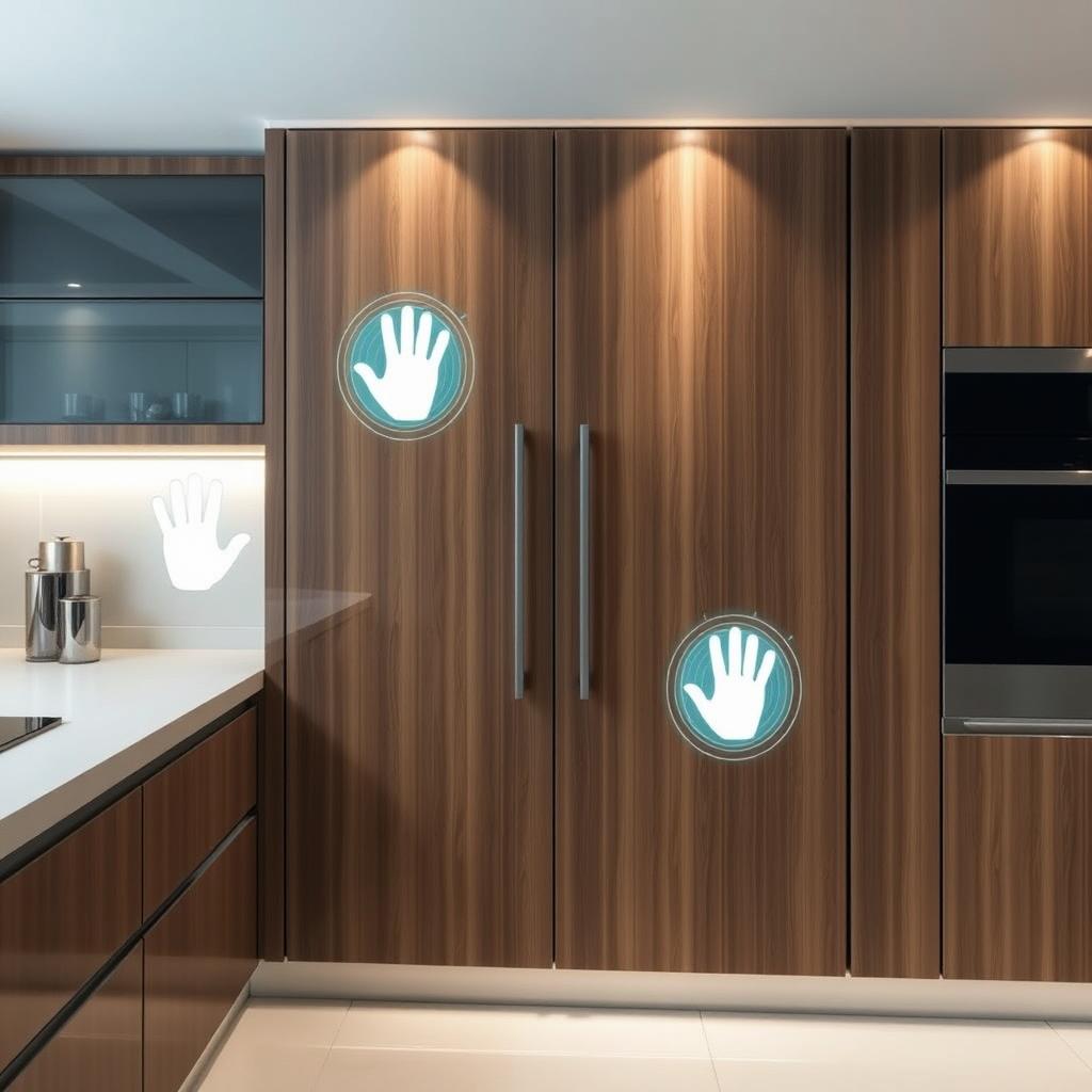 A modern kitchen cabinet featuring a sophisticated hand detection system that can recognize the size of a hand, ensuring that it cannot be opened by a child's hand